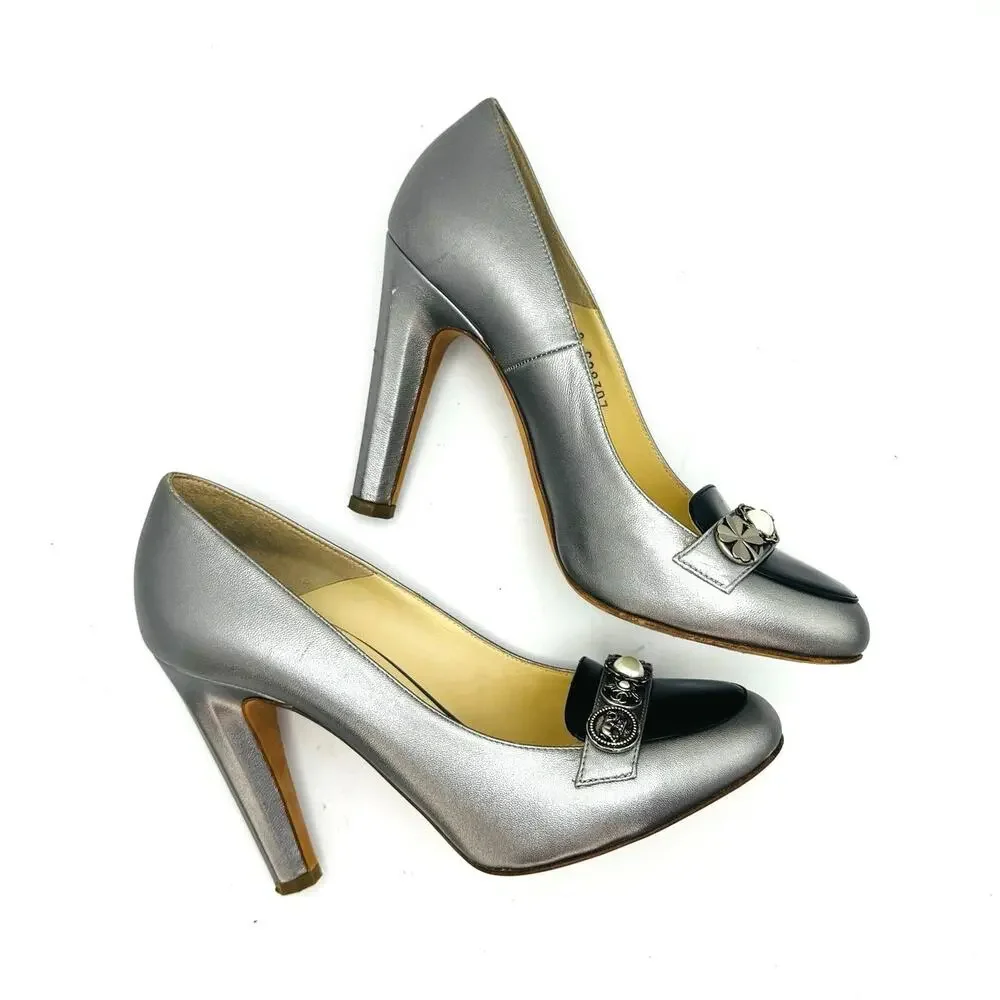 Chanel  CC Logo Cap Toe Heels Silver Black Pearl Crest Embellished Pumps EU 39